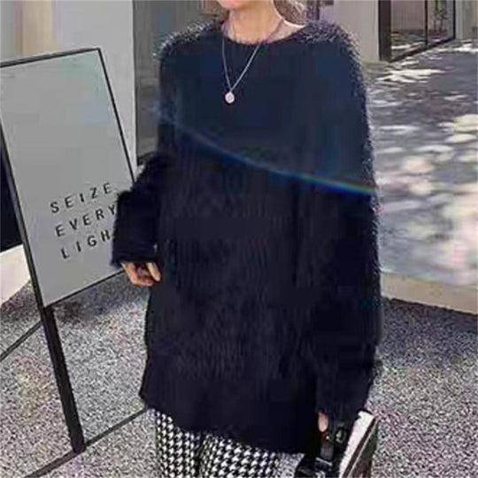 Damen Flauschiger Rundhals-Pullover mit lässigem Schnitt und oversized Passform EB