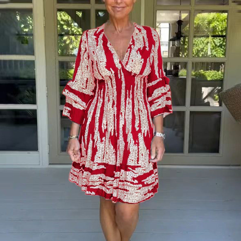 Damen lässiges Strandkleid mit V-Ausschnitt und weitem Rock EB