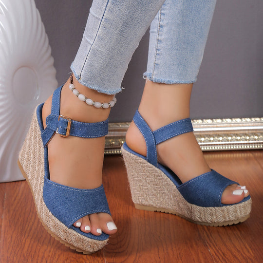Damen Wedge-Sandaletten aus strapazierfähigem Denim mit stilvollem Riemendesign EB
