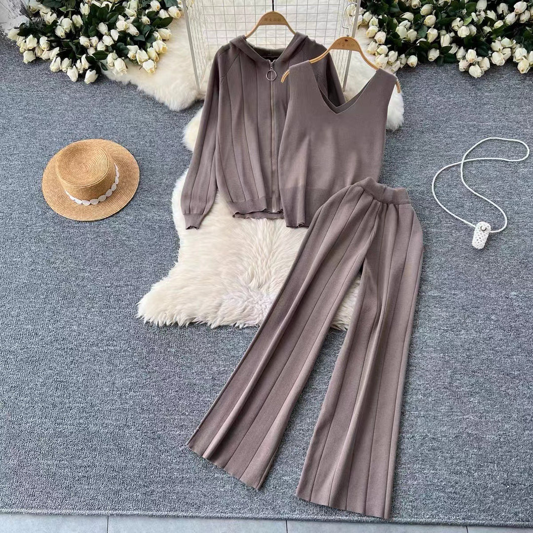 Damen modisches Strick-Loungewear-Set mit V-Ausschnitt und Kapuze EB