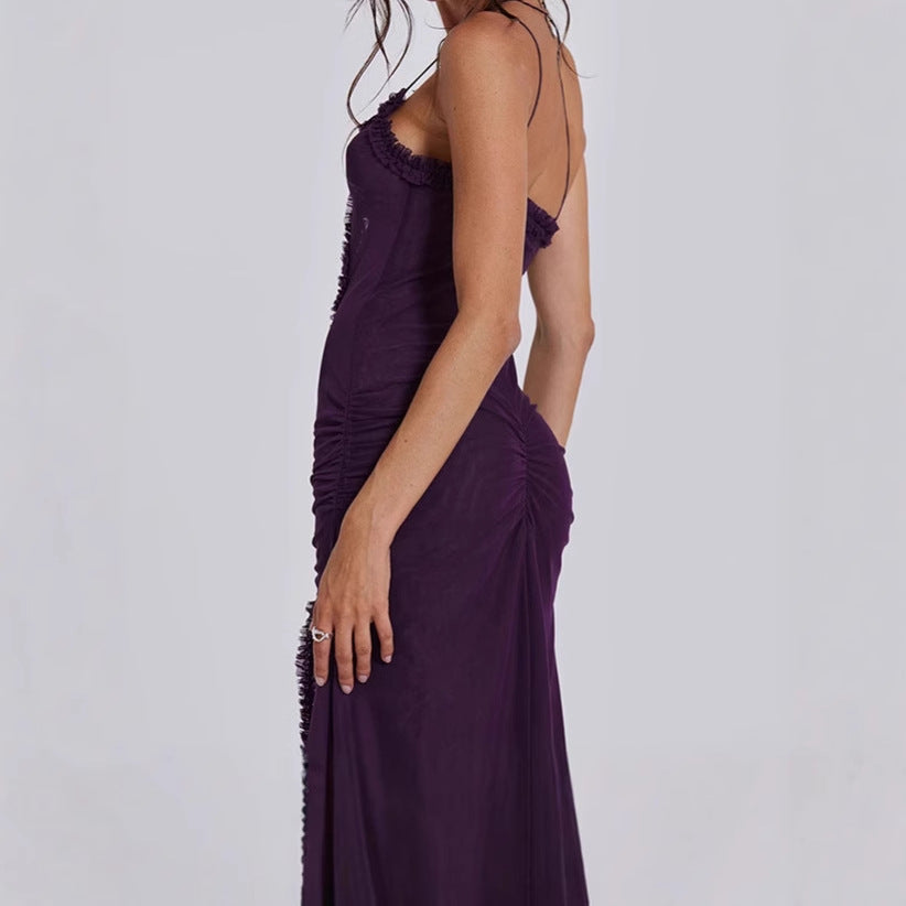 Damen Verführerisches Maxikleid mit tiefem V-Ausschnitt und Rüschendetails EB