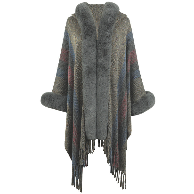 Damen modischer Poncho mit luxuriösem Kunstfellkragen und Fransen EB