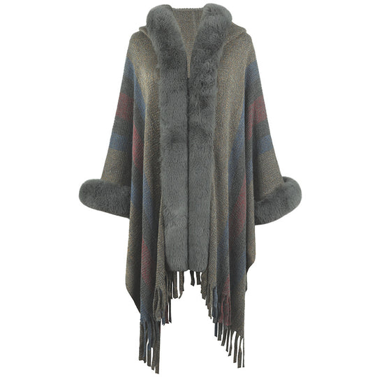Damen modischer Poncho mit luxuriösem Kunstfellkragen und Fransen EB