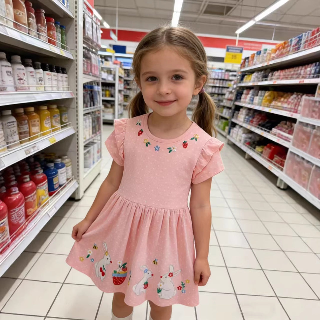 Mädchen Tüllkleid mit niedlichen Hasen- und Blumenstickereien EB