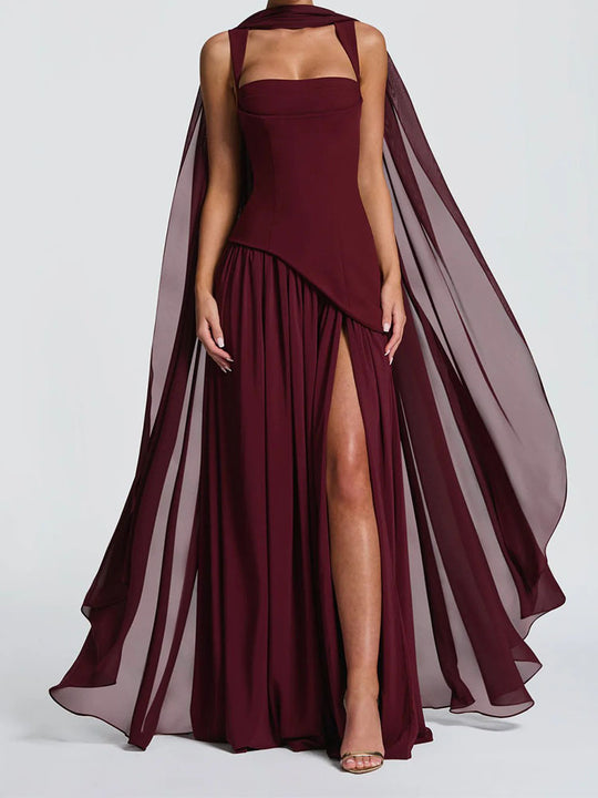 Damen Elegantes Maxikleid mit asymmetrischem Schnitt und fließendem Cape EB