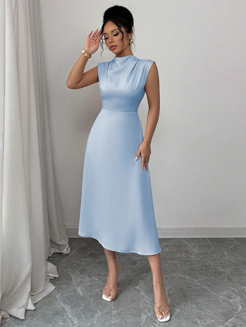 Damen elegantes ärmelloses Midi-Kleid mit drapiertem Ausschnitt EB