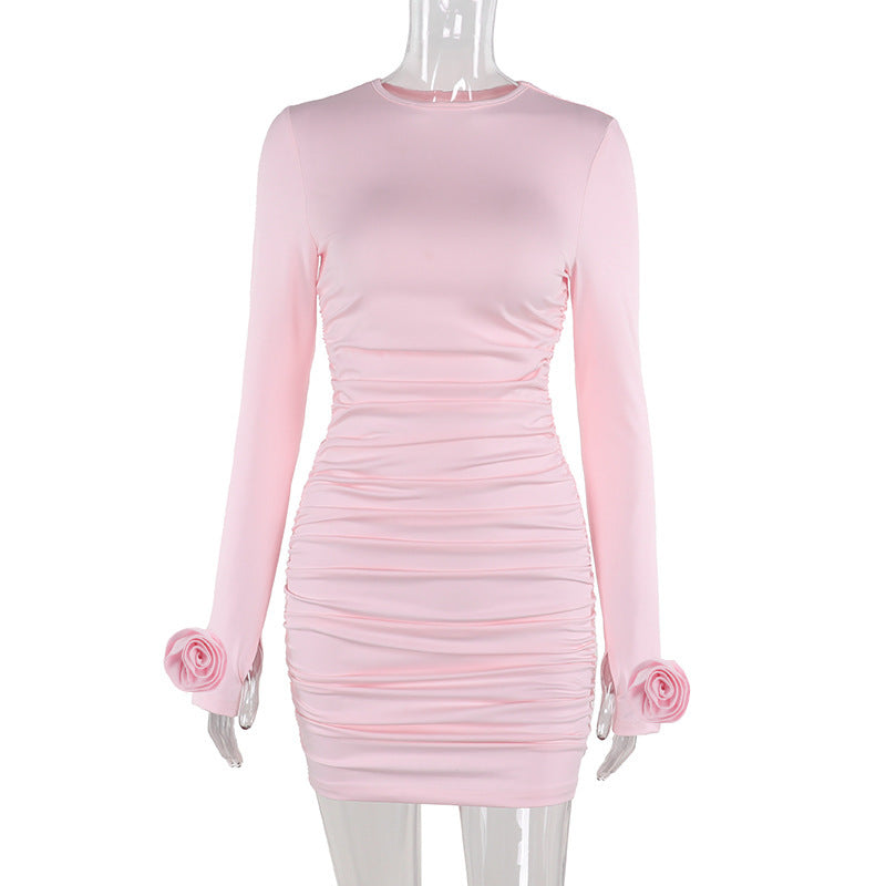 Damen Enganliegendes gerafftes Minikleid mit langen Ärmeln und Rosenapplikation EB