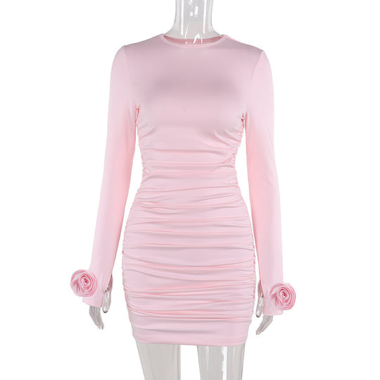 Damen Enganliegendes gerafftes Minikleid mit langen Ärmeln und Rosenapplikation EB