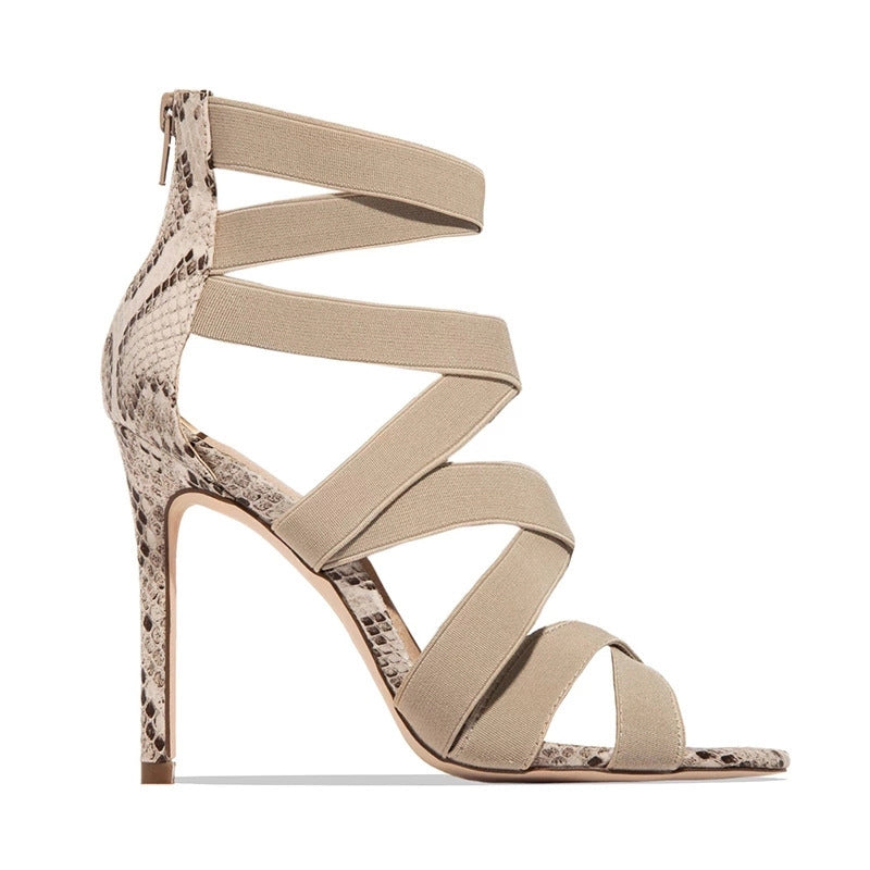 Damen High Heel Sandalen mit elastischen Riemen und stylischem Schlangenleder-Design EB