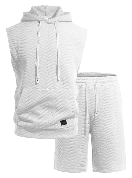 Herren nan ärmelloses Kapuzen-Lounge-Set aus strukturierter Baumwollmischung mit Kängurutasche und elastischer Freizeithose EB