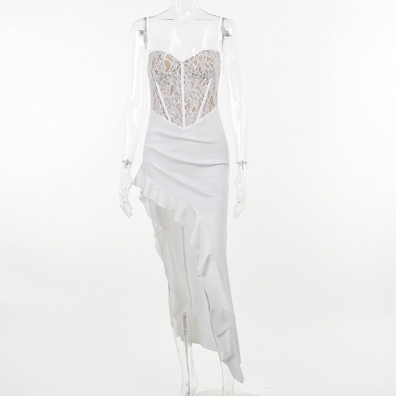 Damen Elegantes Abendkleid mit Spitzenoberteil und asymmetrischem Saum EB