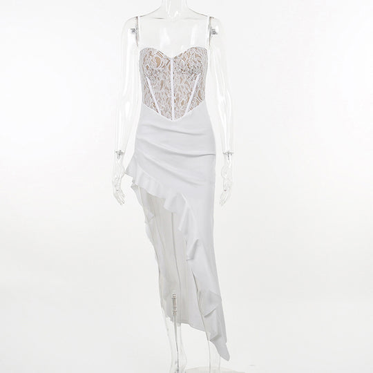 Damen Elegantes Abendkleid mit Spitzenoberteil und asymmetrischem Saum EB