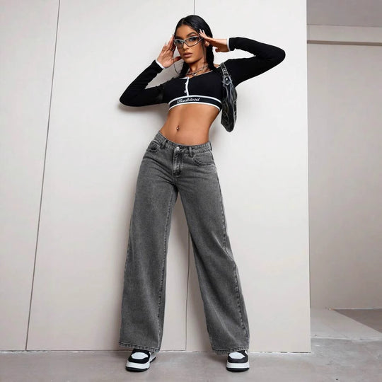 Damen weite Jeanshose mit hohem Bund und lässigem Schnitt EB