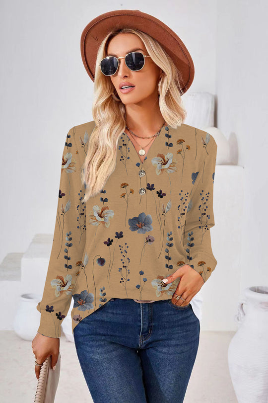 Damen Langarm-Bluse mit floralem Druck und Knopfleiste EB