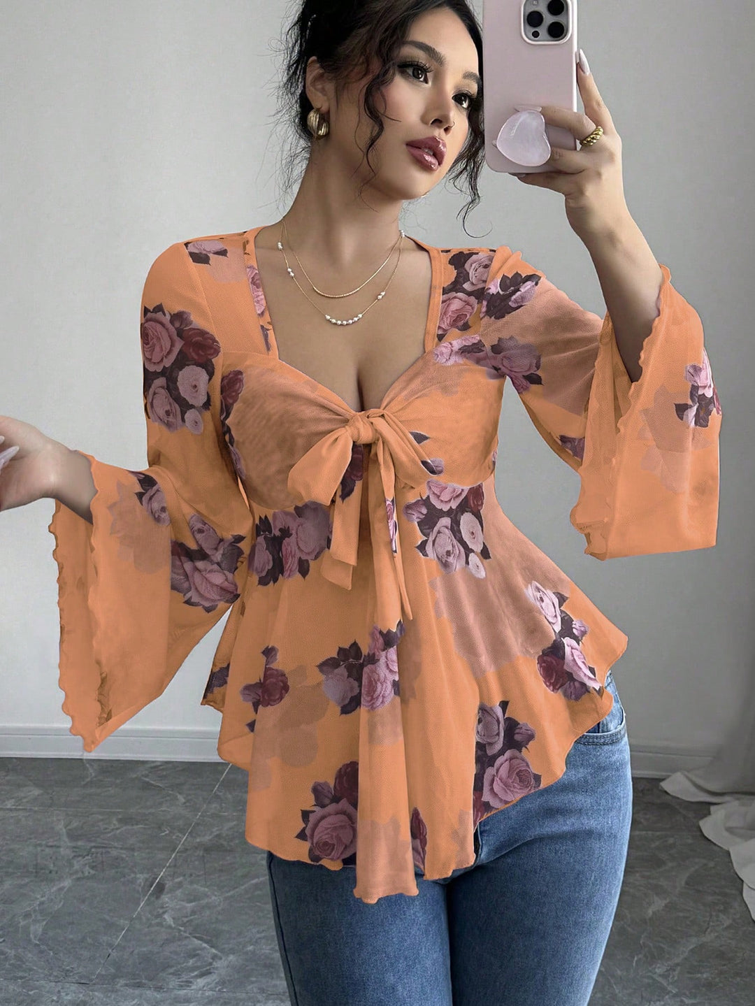 Damen luftige Bluse mit Blumenmuster EB