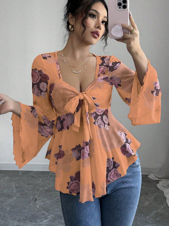 Damen luftige Bluse mit Blumenmuster EB