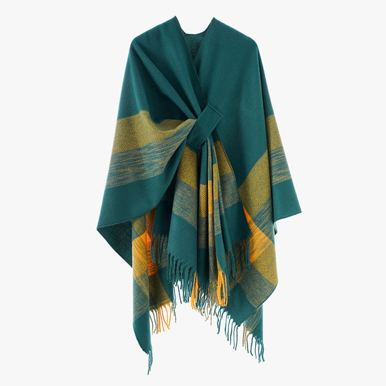 Damen Cape‑Poncho aus Wollmix mit Schlitzgürtel, geometrischem Jacquard und Fransensaum EB