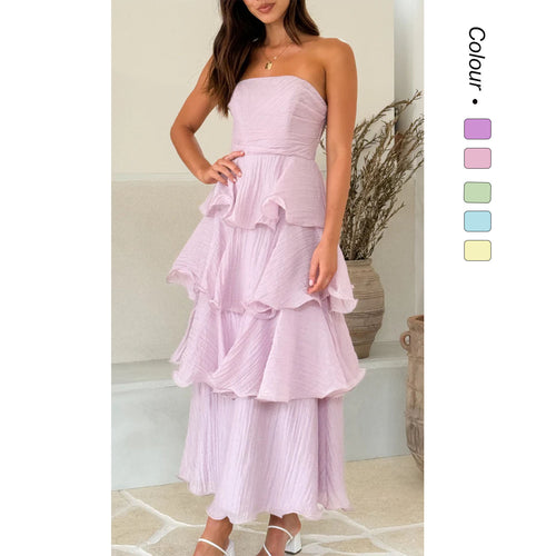 Damen Maxikleid mit voluminösen Rüschen und schulterfreiem Design EB