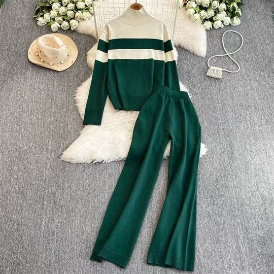Damen modisches Strick-Loungewear-Set mit hohem Kragen und breiten Streifen EB