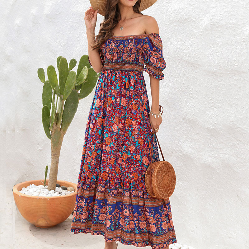 Damen Maxikleid mit voluminösen Puffärmeln und floralem Muster EB