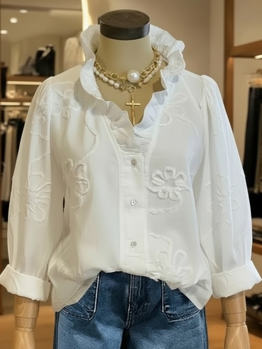 Damen elegante Bluse mit floralen Stickereien und voluminösen Ärmeln EB