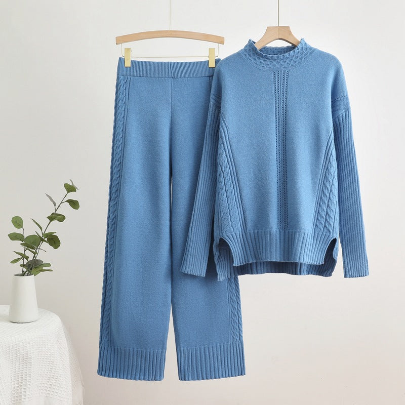 Damen komfortables Strick-Loungewear-Set mit hohen Bündchen und dekorativen Zopfmustern EB