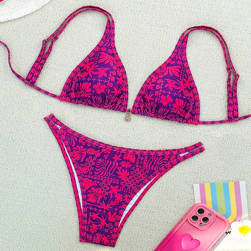 Damen Triangel-Bikini mit floralem Muster und elegantem Schmuckdetail EB