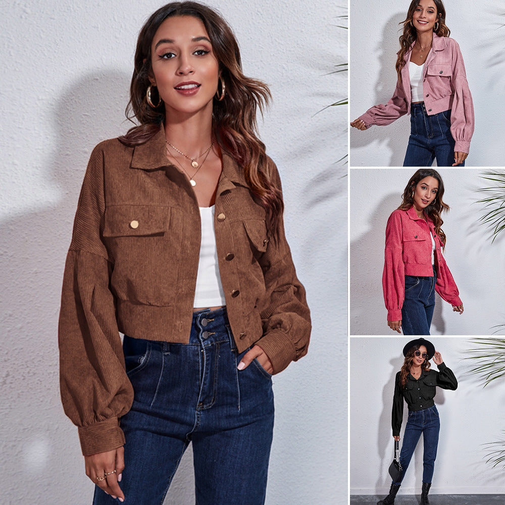 Damen Kurzjacke aus Materialmix mit lässigen Puffärmeln und großen Taschen EB