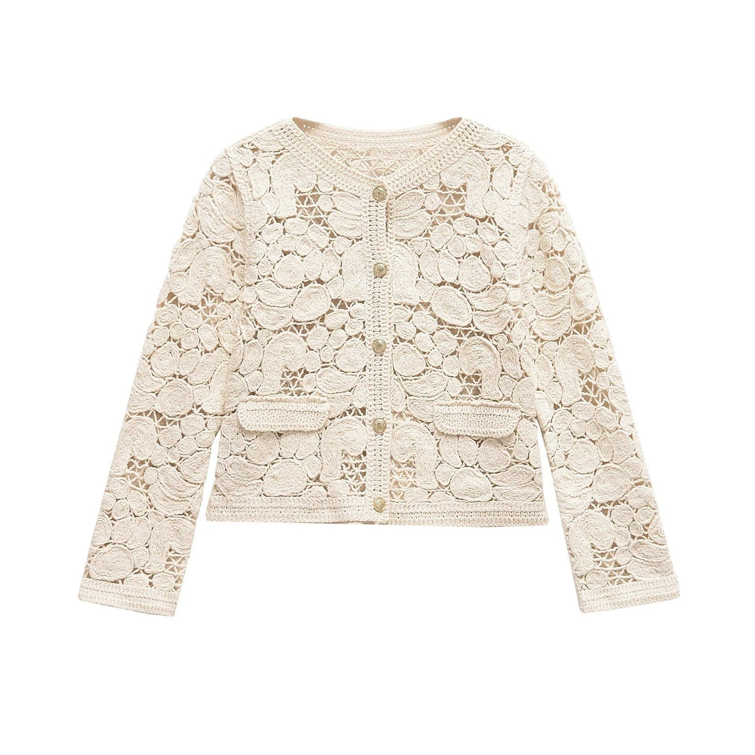 Damen Strickjacke Aus Feiner Spitze mit Dekorativen Knopfdetails und Eleganter Silhouette EB
