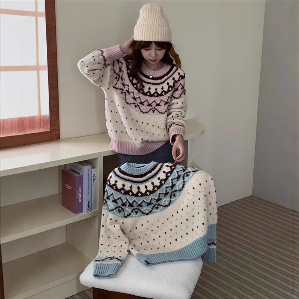 Damen Strickpullover mit grafischem Norweger-Muster und hohem Rundhalsausschnitt EB