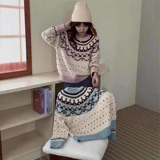 Damen Strickpullover mit grafischem Norweger-Muster und hohem Rundhalsausschnitt EB