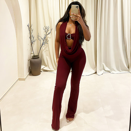 Damen Eleganter Jumpsuit mit anpassbarem Ausschnitt und schickem Gürtel EB
