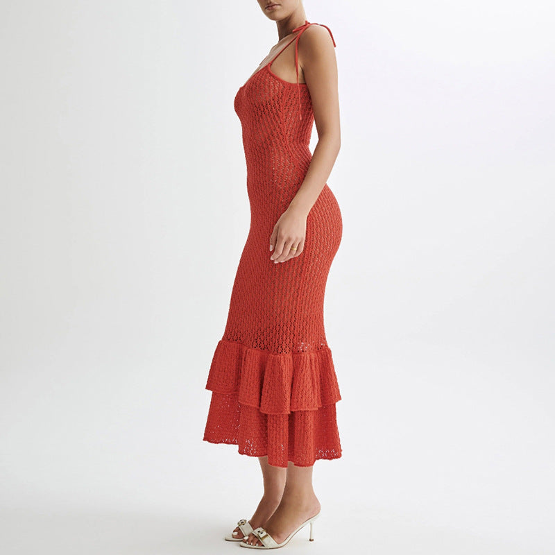 Damen Häkel-Maxikleid mit Volant und verstellbaren Trägern EB