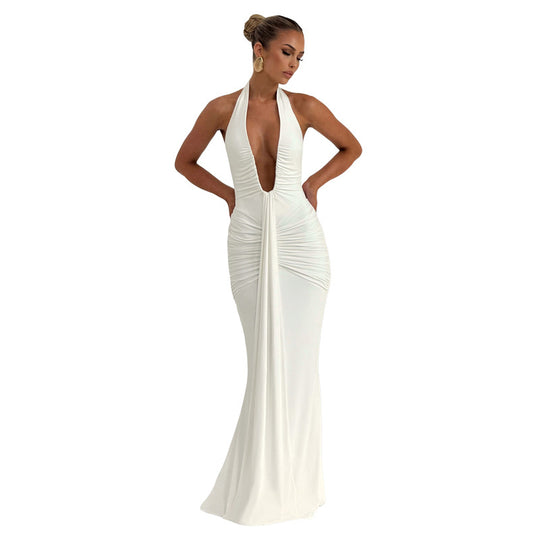 Damen Elegantes Maxi-Kleid mit tiefem V-Ausschnitt und Rüschendetails EB