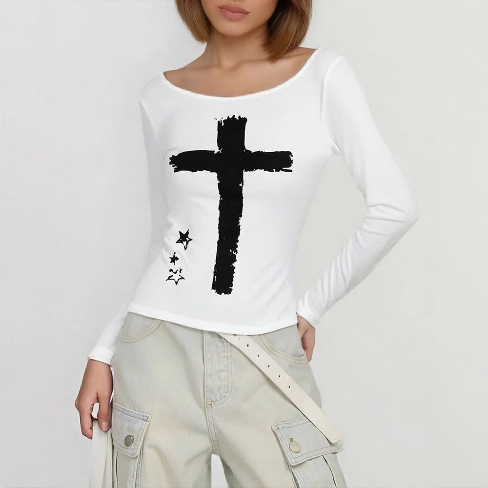 Damen Langarm-T-Shirt mit kreativem Motiv und Rundhalsausschnitt EB