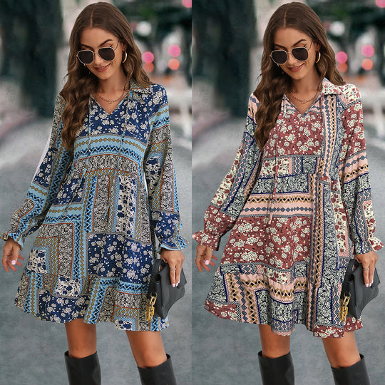 Damen Boho-Minikleid mit langen Ärmeln und buntem Muster EB
