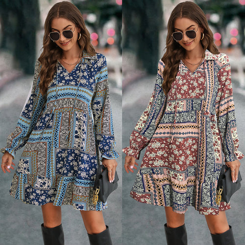Damen Boho-Minikleid mit langen Ärmeln und buntem Muster EB