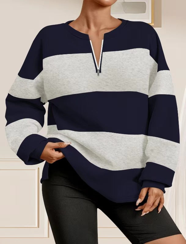 Damen modischer Sweatpullover mit Reißverschluss und gestreiftem Design EB