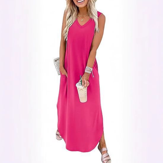 Damen Maxi-Kleid mit modernem V-Ausschnitt und praktischem Taschendesign EB