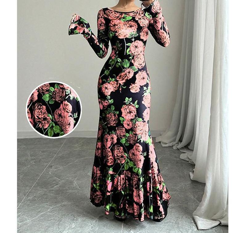 Damen nan eng anliegendes Maxikleid mit Meerjungfrauen-Schnitt, langen Glockenärmeln und Rüschensaum EB