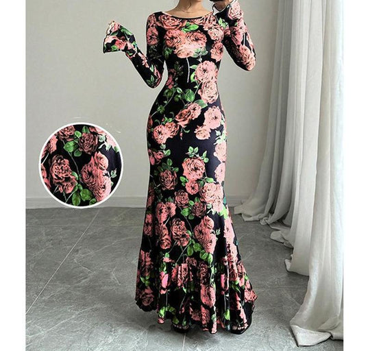 Damen nan eng anliegendes Maxikleid mit Meerjungfrauen-Schnitt, langen Glockenärmeln und Rüschensaum EB