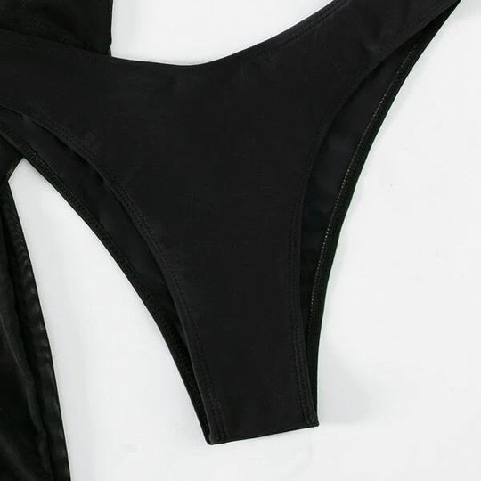 Damen Strandkleid mit transparentem Wickeldetail und modischen Ring-Elementen EB