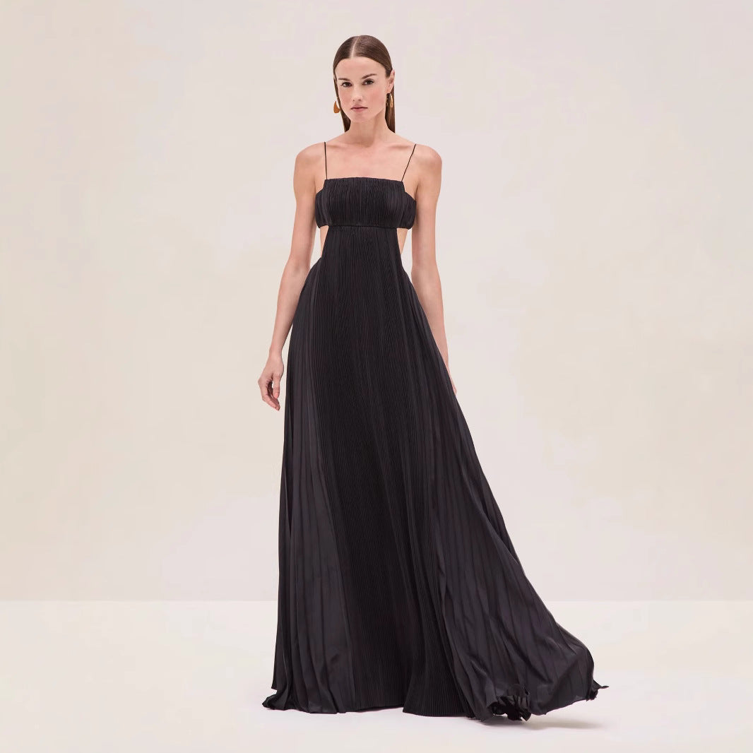 Damen Maxi-Kleid mit eleganter Plisseedetails und schmalen Spaghettiträgern EB