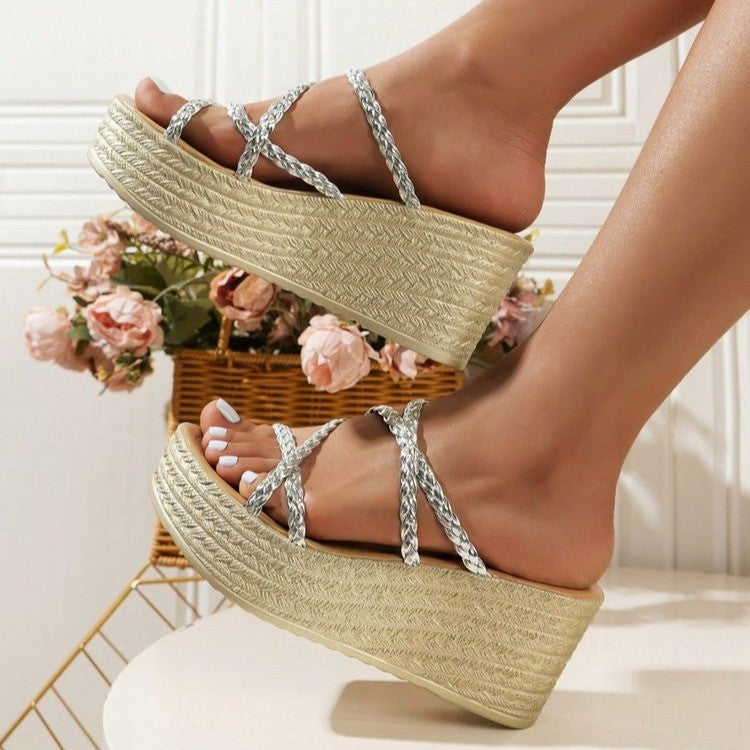 Damen elegante Plateau-Sandalen mit geflochtenem Riemendesign EB