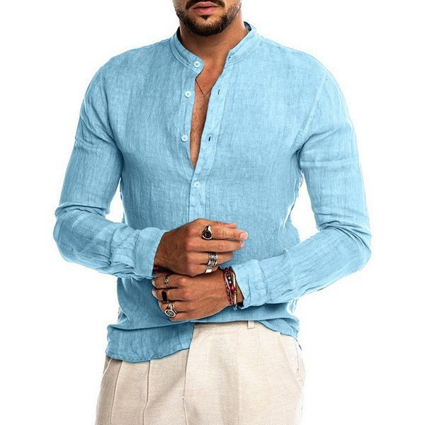 Herren nan Leinenhemd mit Stehkragen, durchgehender Knopfleiste und legerer Slim-Fit-Passform EB