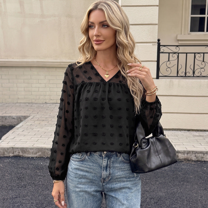 Damen Elegante Chiffonbluse mit 3D-Pompon-Applikation, V-Ausschnitt und elastischen Manschetten EB