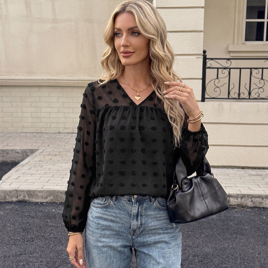 Damen Elegante Chiffonbluse mit 3D-Pompon-Applikation, V-Ausschnitt und elastischen Manschetten EB