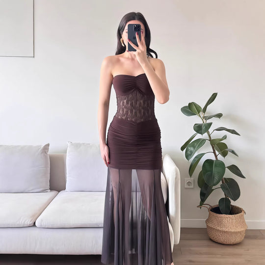 Damen Elegantes bodenlanges Kleid mit Spitzenakzenten EB