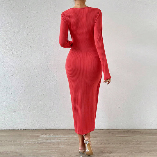 Damen gerafftes Maxikleid mit Knotendetail, figurbetonter Rippenstruktur und hohem Seitenschlitz Eichborn Berlin