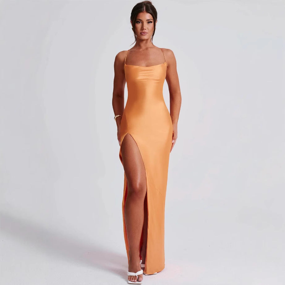Damen Elegantes Maxikleid mit schmalen Spaghettiträgern und seitlichem Schlitz EB